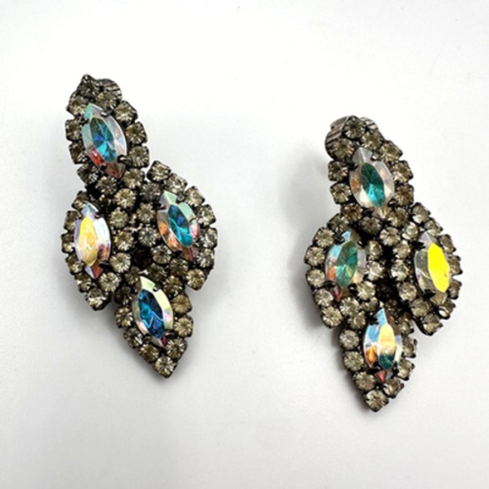 Vintage 80s AB Rhinestone Marquise Earrings Silver Tone Statement Jewelry